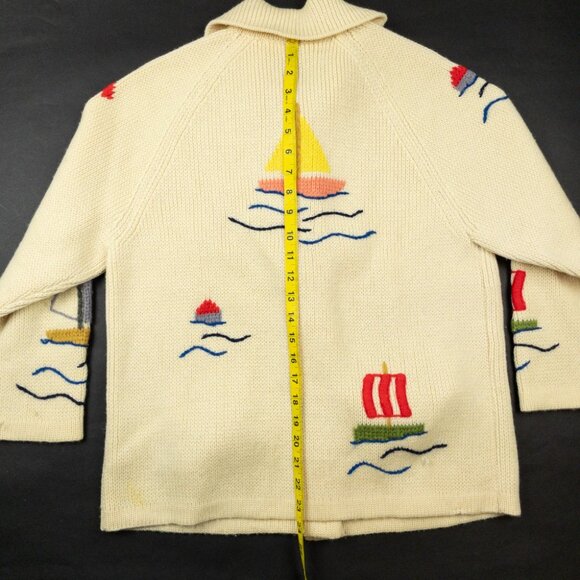 Vintage 1970s Dorce Leroy Knitwear Cardigan Large Wool Sailboat Embroidered - Picture 10 of 16